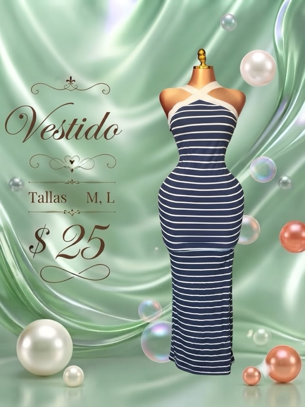 Navy and White Striped Halter Maxi Dress